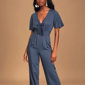 Lulus Elegant Blue Tie Front Wide Leg Jumpsuit